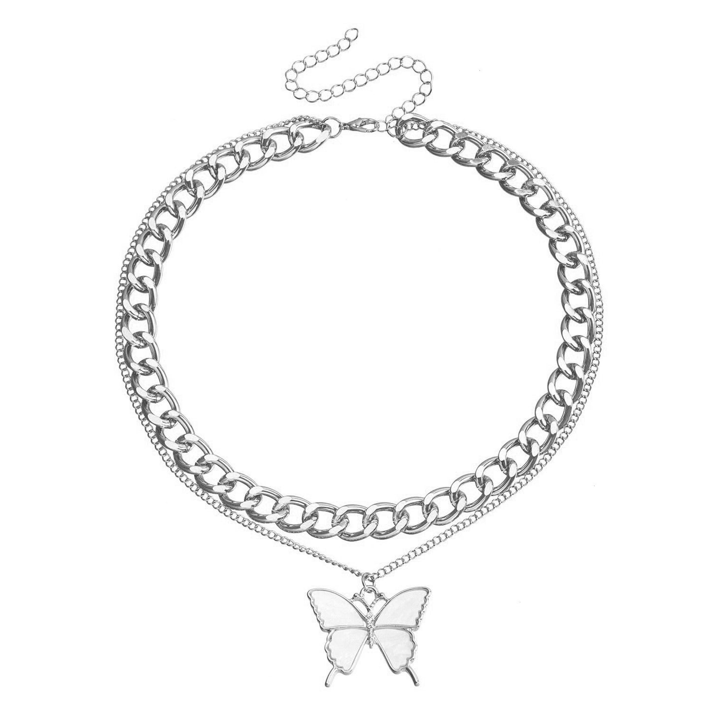 Elegant Two-Tier White Butterfly Alloy Necklace for Women with Plated Metal Finish and Clavicle Chain Style