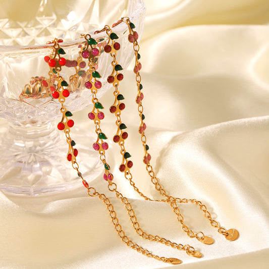 18K Gold Plated Stainless Steel Drip Oil Cherry Bracelet for Women Minimalist Sweet Fruit Jewelry