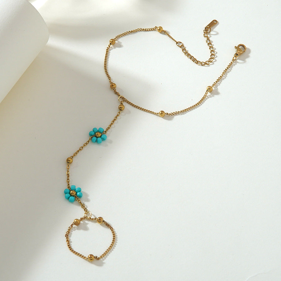 Elegante bracciale con anello a catena floreale geometrico minimalista in acciaio inossidabile placcato per donne
