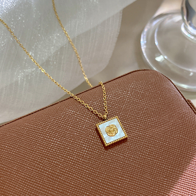 Luxury Square Floral Rose Gold Plated Brass Pendant Titanium Steel Necklace for Unisex