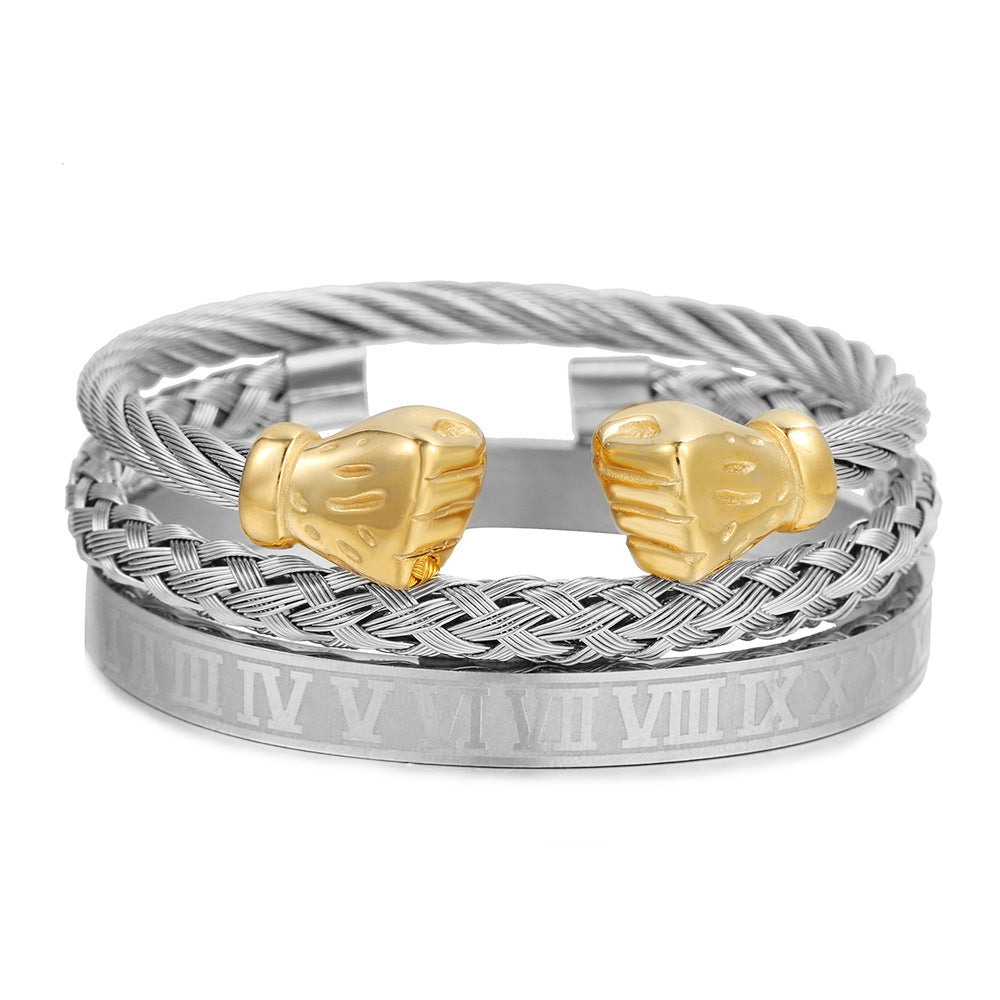 Personalized Gold Plated Titanium Steel Fist Bracelet with Roman Numerals for Men and Women