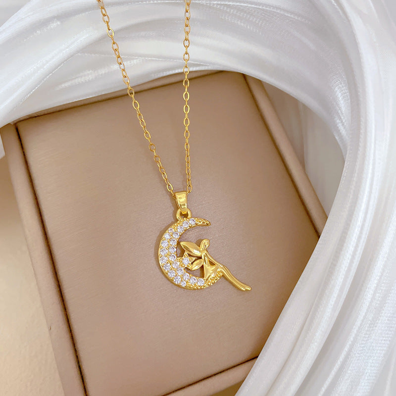 Collar de Luna con Colgante de Pedrería de Lujo para Mujer, Cadena de Acero de Titanio, Joyería Elegante Minimalista para Clavícula