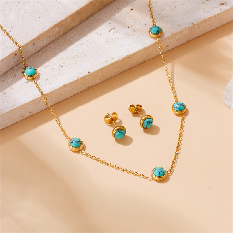 Vintage Blue Turquoise Pendant Necklace Set with Round Earrings and Bracelet Stainless Steel Plated Jewelry for Women