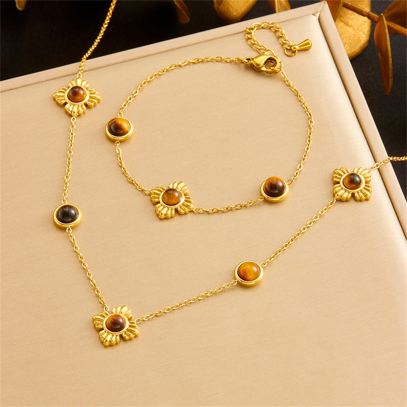 Fashion Gold Plated Stainless Steel Floral Tiger Eye Agate Necklace and Bracelet Set for Women