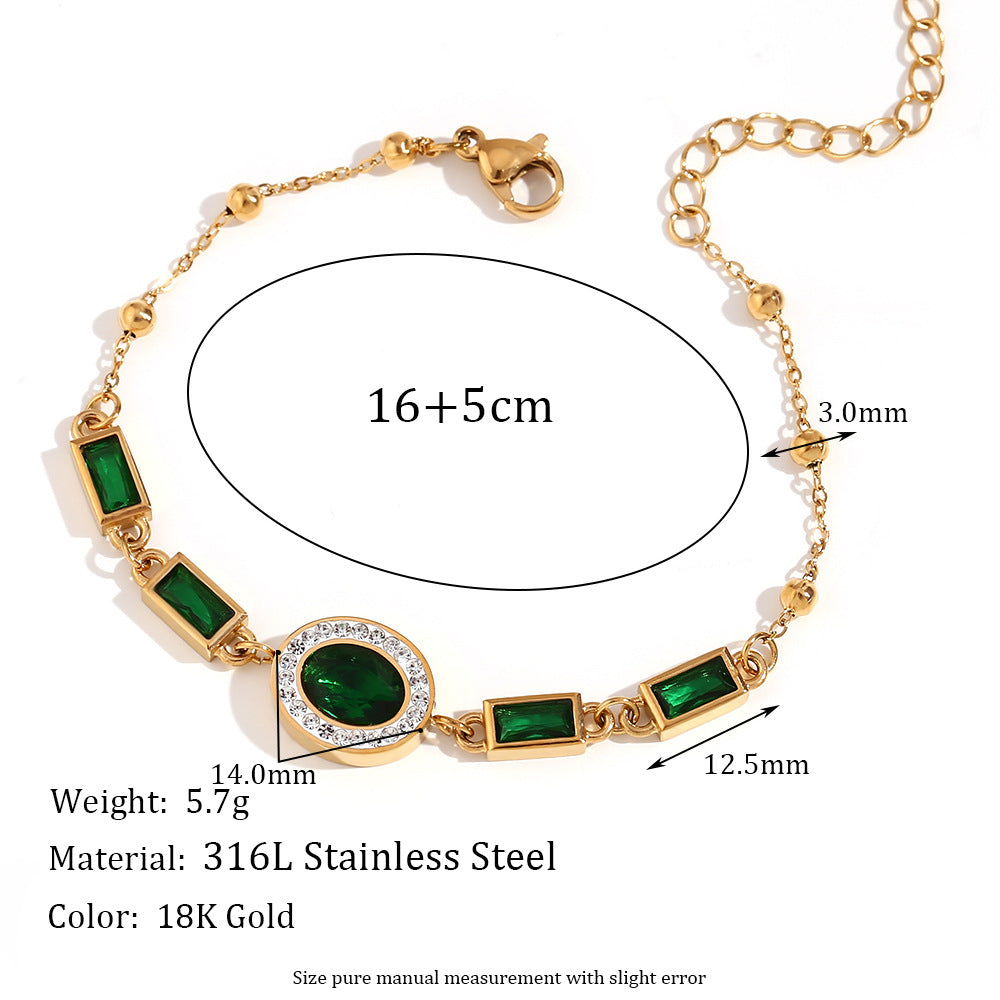 Fashionable Minimalist Geometric Stainless Steel Plated 18K Gold White Howlite Oval Rectangle Green Rhinestone Bracelet for Women