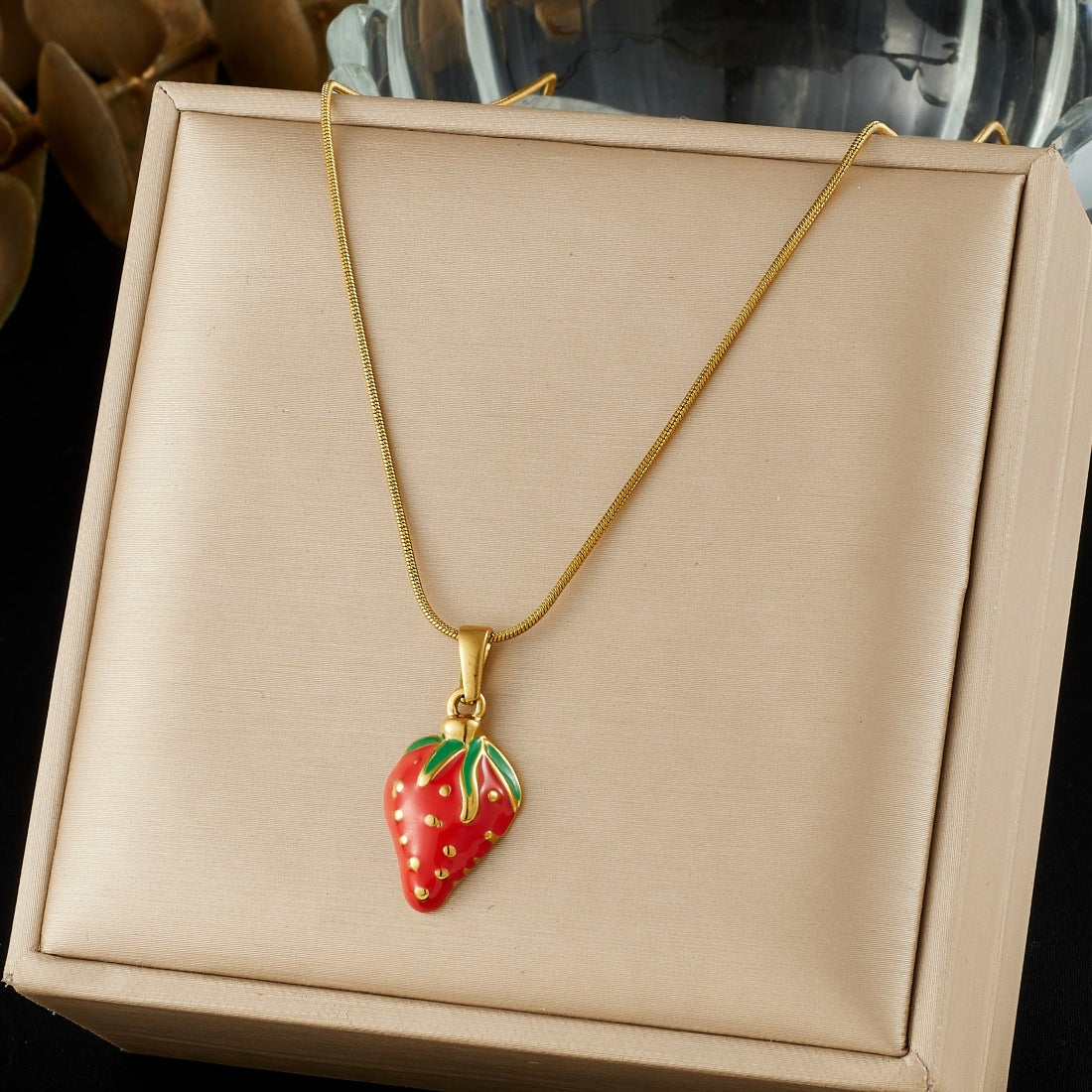 Sweet Drip Oil Stainless Steel Strawberry Pendant Necklace and Earring Set with Snake Chain