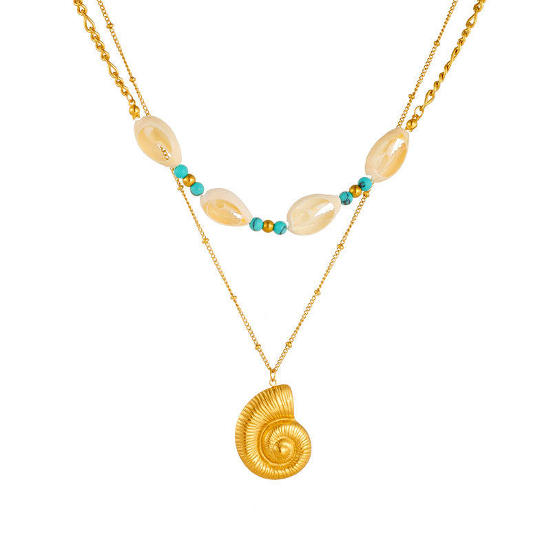 Vintage Trendy Turquoise Seashell Animal Pendant Necklace in Stainless Steel with Plated Finish