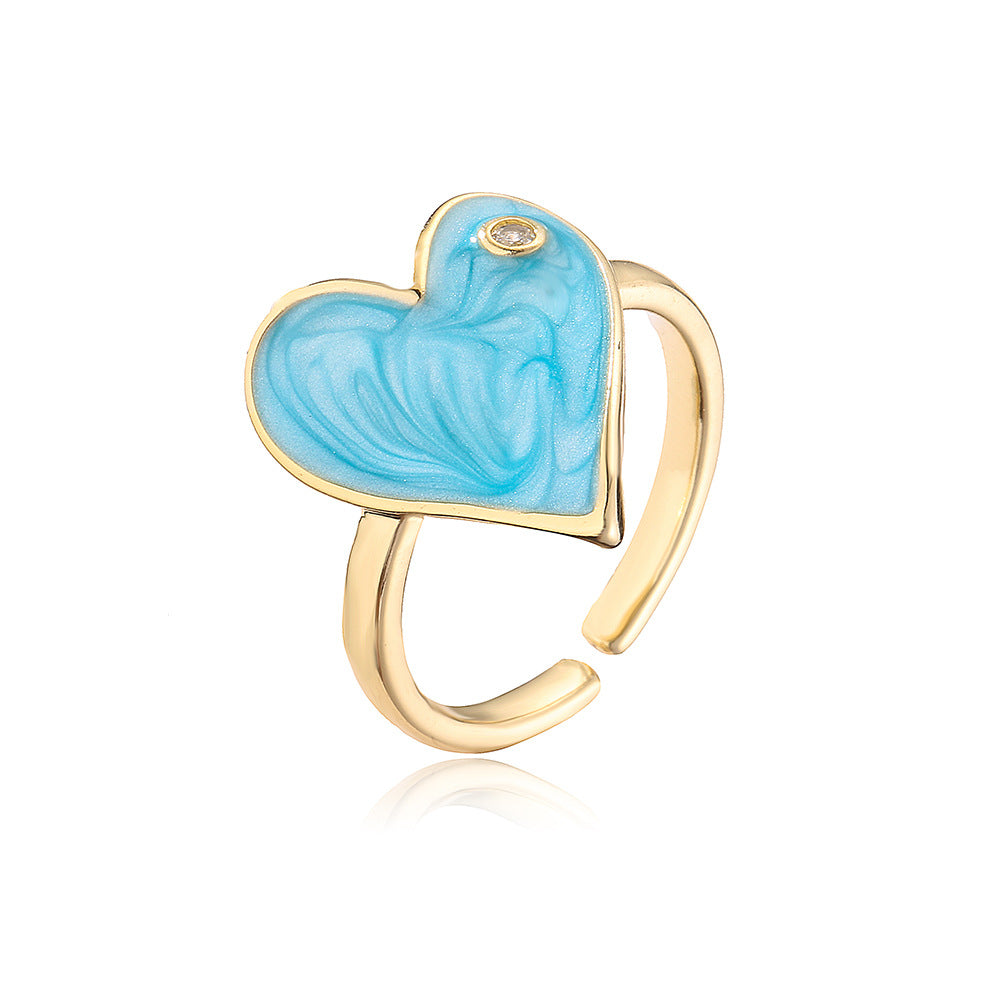 Cute Heart-Shaped Copper Ring with 18K Gold Plating and Enamel Finish for Women