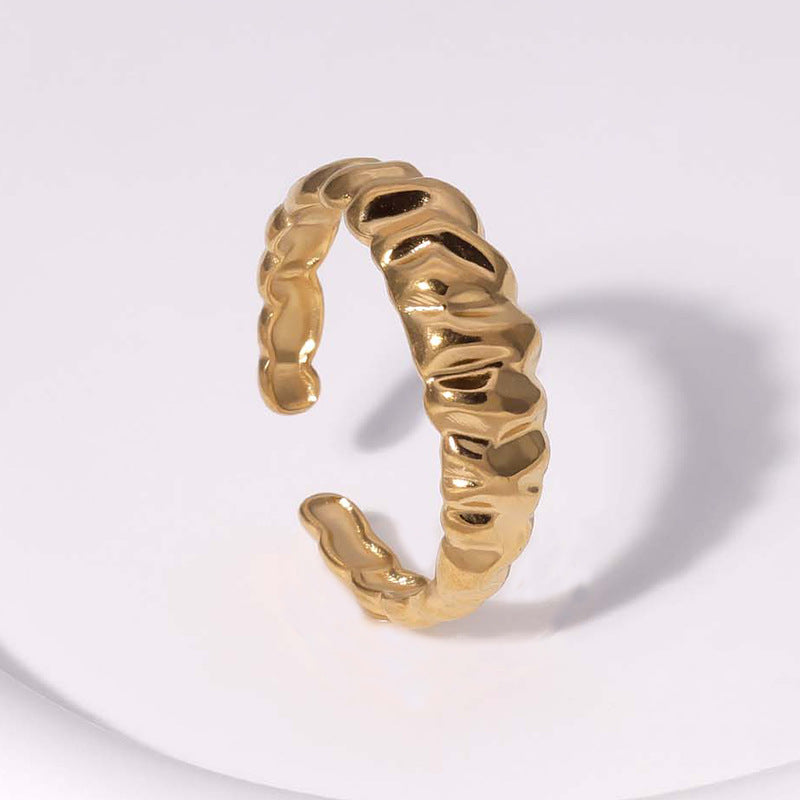 Minimalist Irregular Textured Titanium Steel Open Ring for Women with Gold Plating
