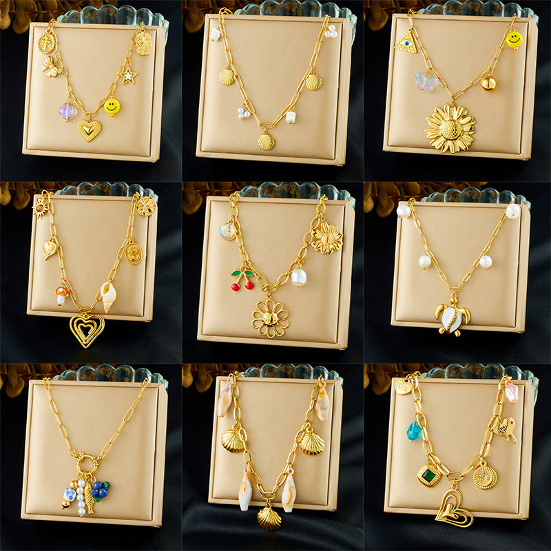 Sweet Gold Plated Heart Floral Hollow Stainless Steel Pendant Necklace Curb Chain