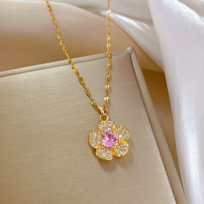 Elegant Floral-Shaped Titanium Steel Micro-Pave Necklace for Women Delicate Clavicle Chain