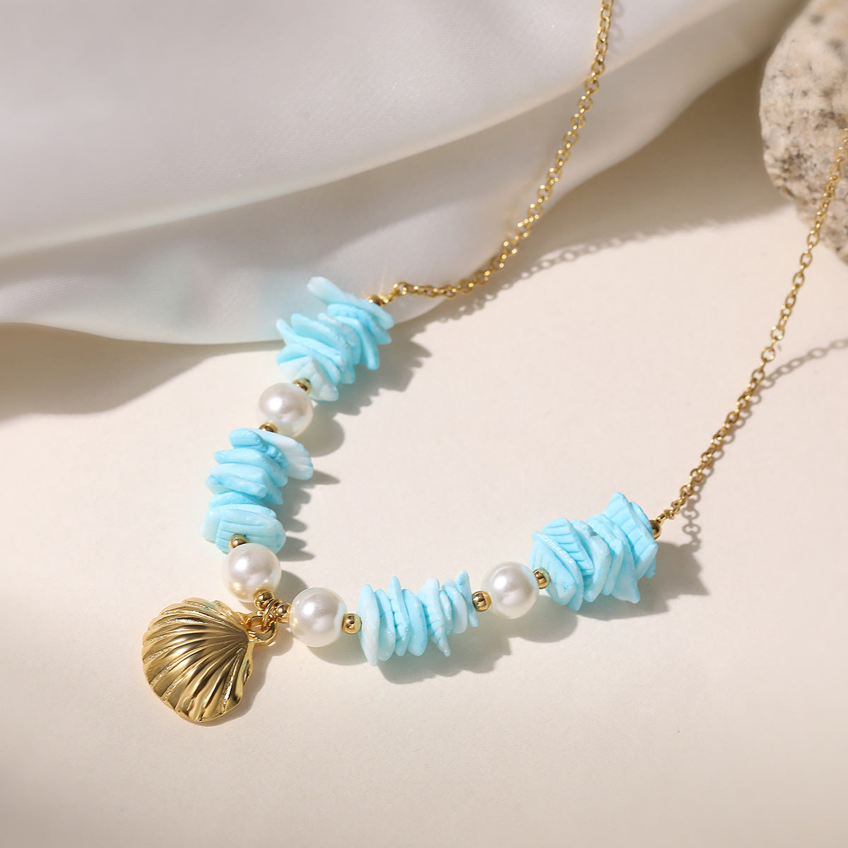 Minimalist Geometric Shell Pearl Pendant Necklace Stainless Steel