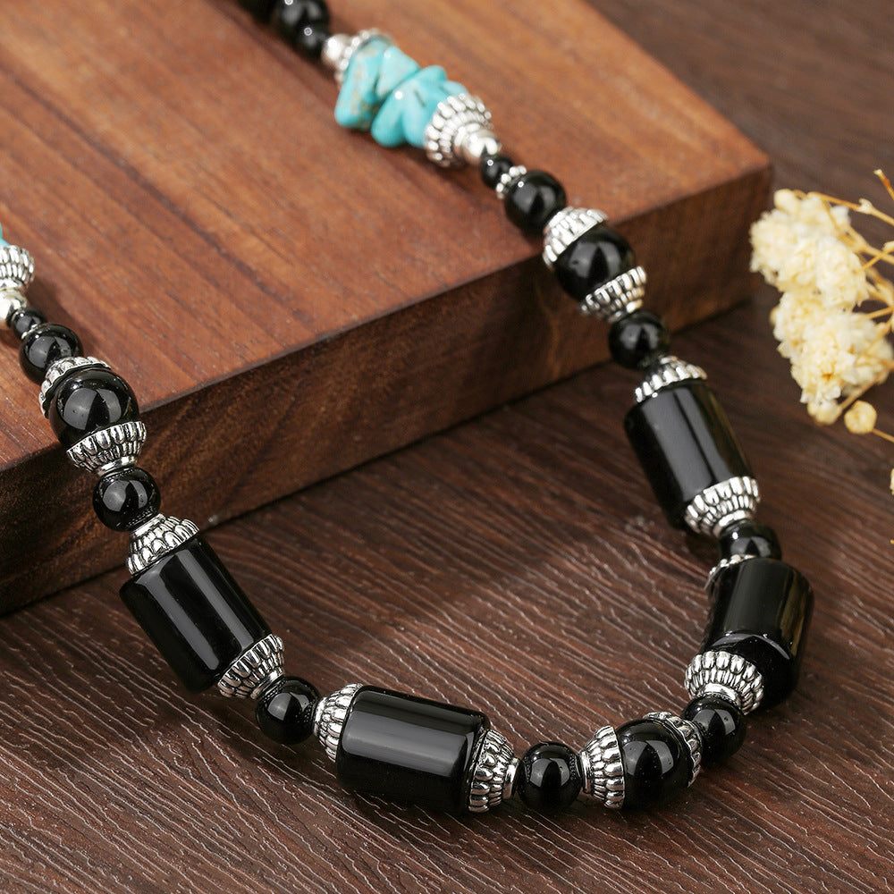 Vintage Ethnic Geometric Zinc Alloy Necklace with Turquoise and Agate Beads for Men