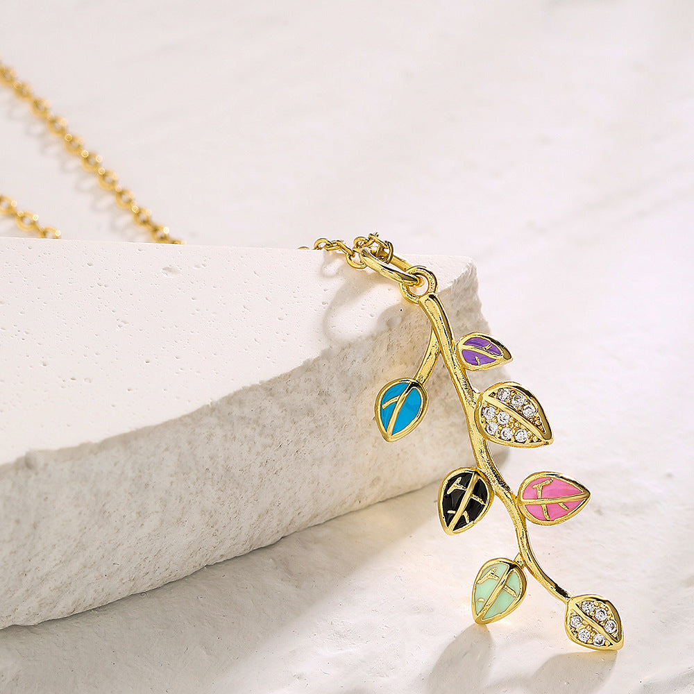Elegant Enamel Zircon Leaf Pendant Necklace for Women in Copper with Real Gold Plating