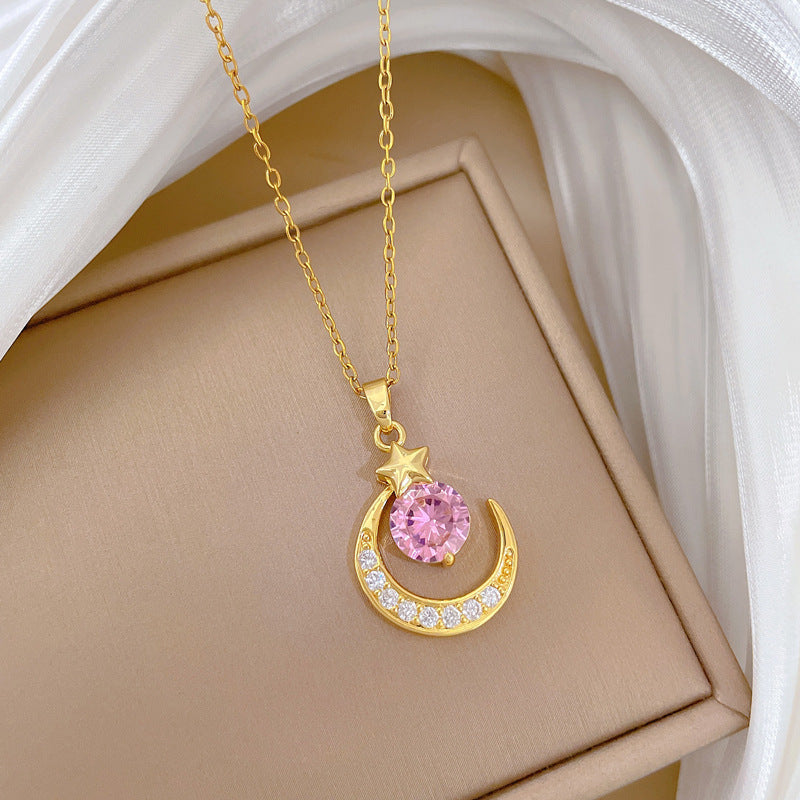 Collar de acero inoxidable con diseño de estrella y luna estilo dibujos animados, incrustaciones de pedrería para mujeres y hombres, delicada cadena de clavícula