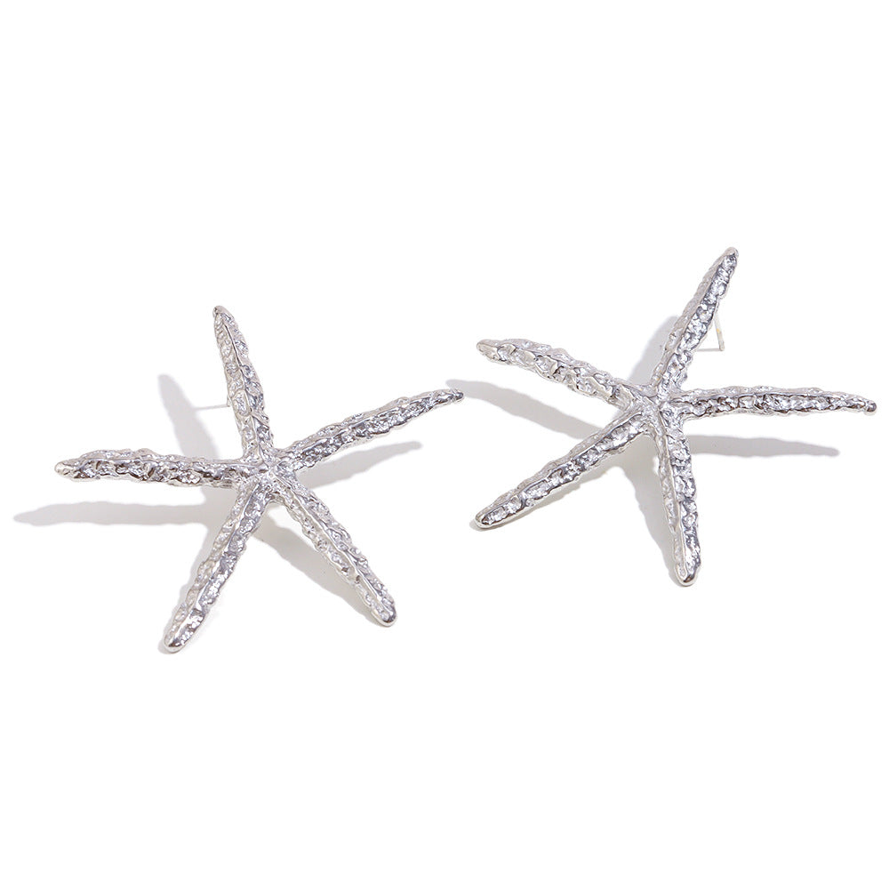 Minimalist Starfish-Shaped Stainless Steel Earrings with 18K Gold Plating and Hammered Texture for Women