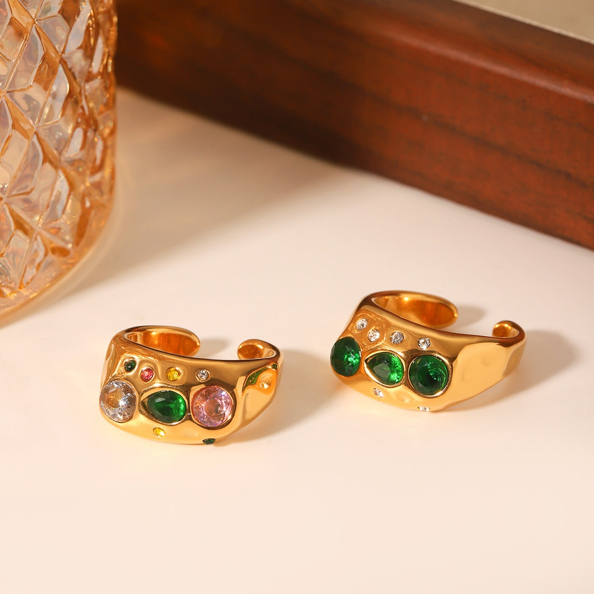 Ins Style Irregular Hammered Textured Stainless Steel Ring with Zircon Inlay for Women