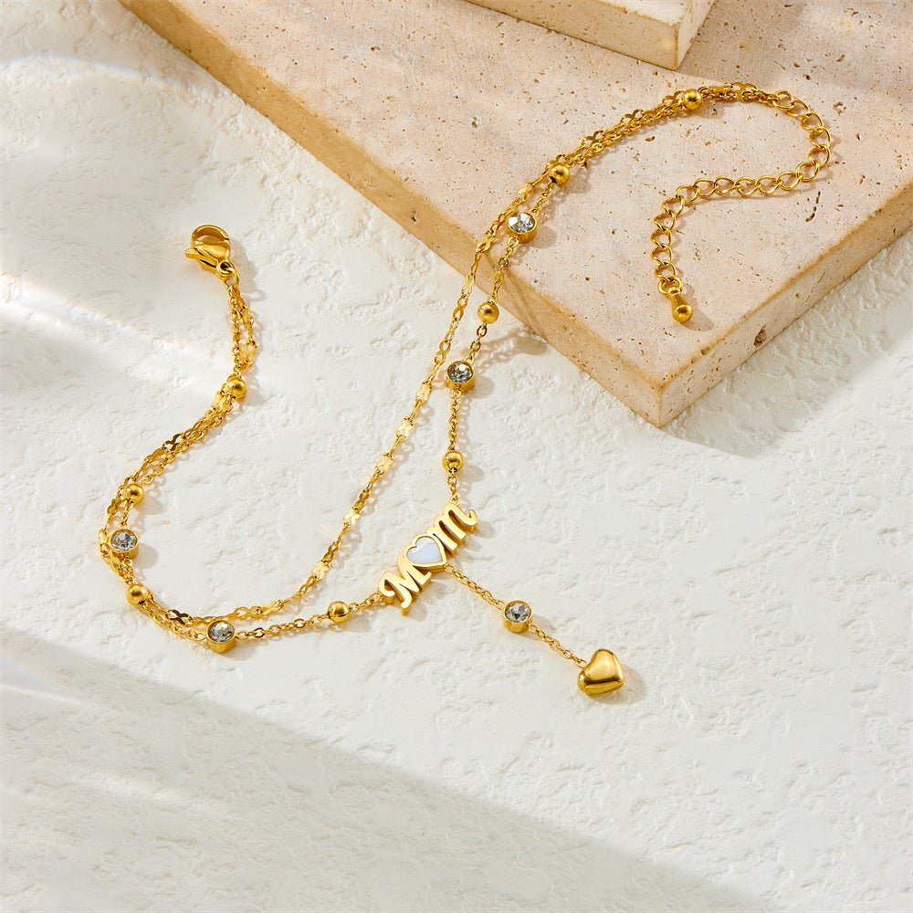Elegant Gold Plated Stainless Steel Heart Letter Mom Rhinestone Tassel Anklet for Women