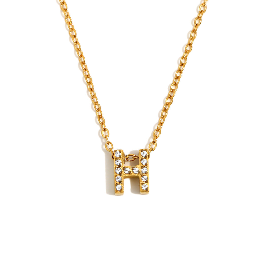 Minimalist Fashion Letter Pendant Necklace for Women Stainless Steel with 18K Gold Plating and Rhinestone Inlay