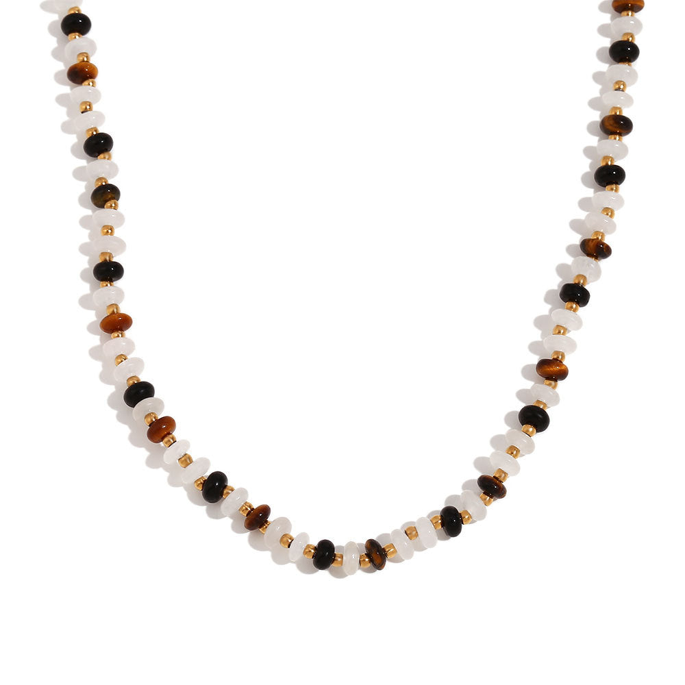 Minimalist Geometric Stainless Steel Necklace with Titanium Steel Beads, Tiger Eye and White Jade Accents, Gold Plated 18K Finish