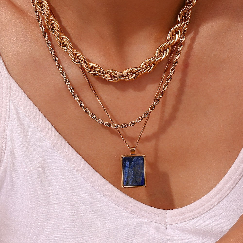 Vintage Style Geometric Round Enamel Pendant Necklace in Titanium Steel with 18K Gold Plating for Women