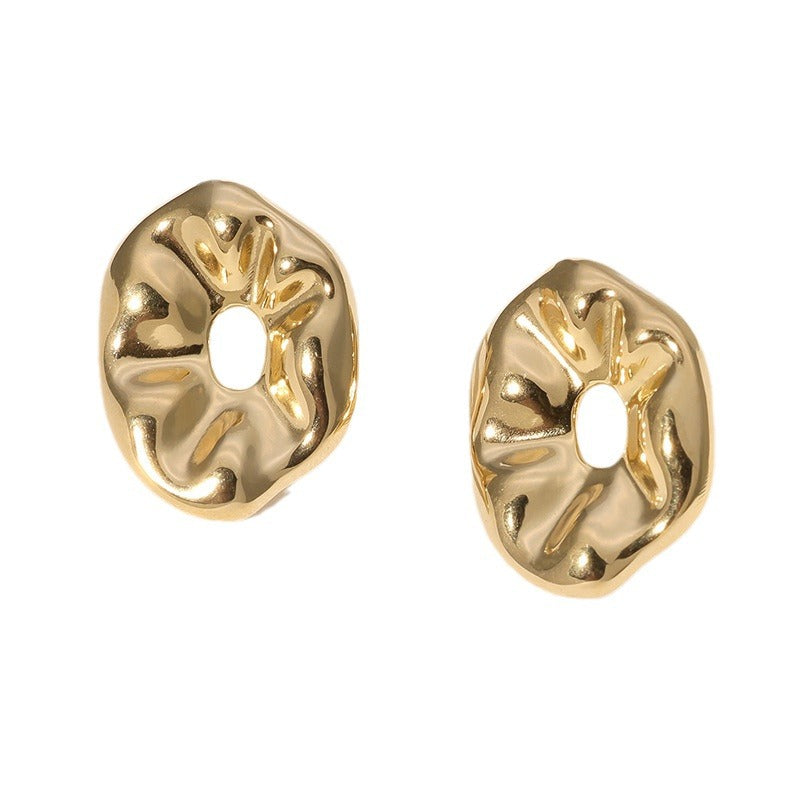 Minimalist Geometric Stainless Steel Stud Earrings with Textured Wrinkled Surface and Asymmetrical Circular Design