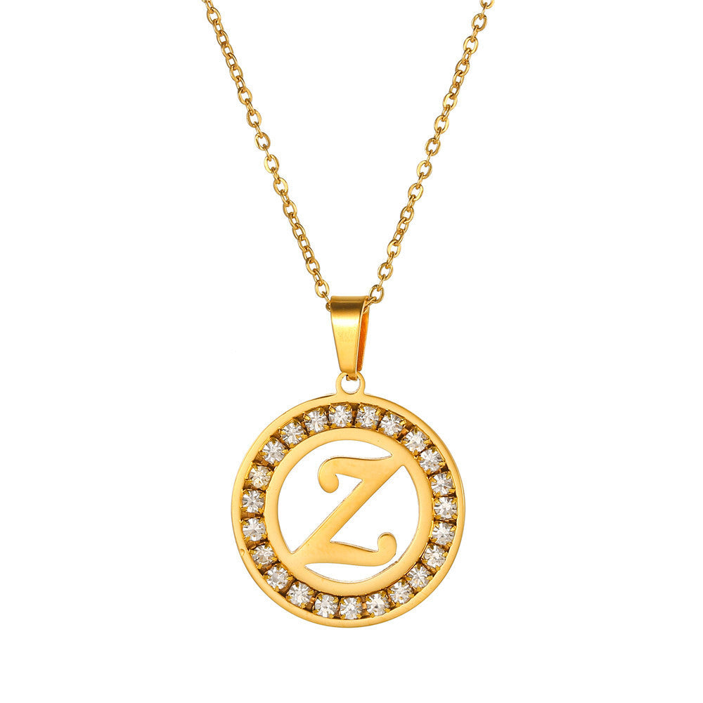 Minimalist Gold Plated Round Letter Rhinestone Inlay Pendant Necklace Titanium Steel Cable Chain