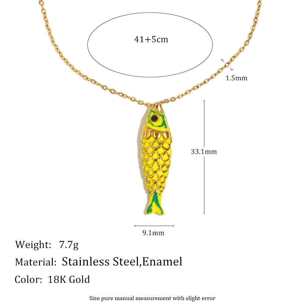 Luxury Minimalist Fish-Shaped Stainless Steel Plated 18K Gold Enamel Necklace for Women