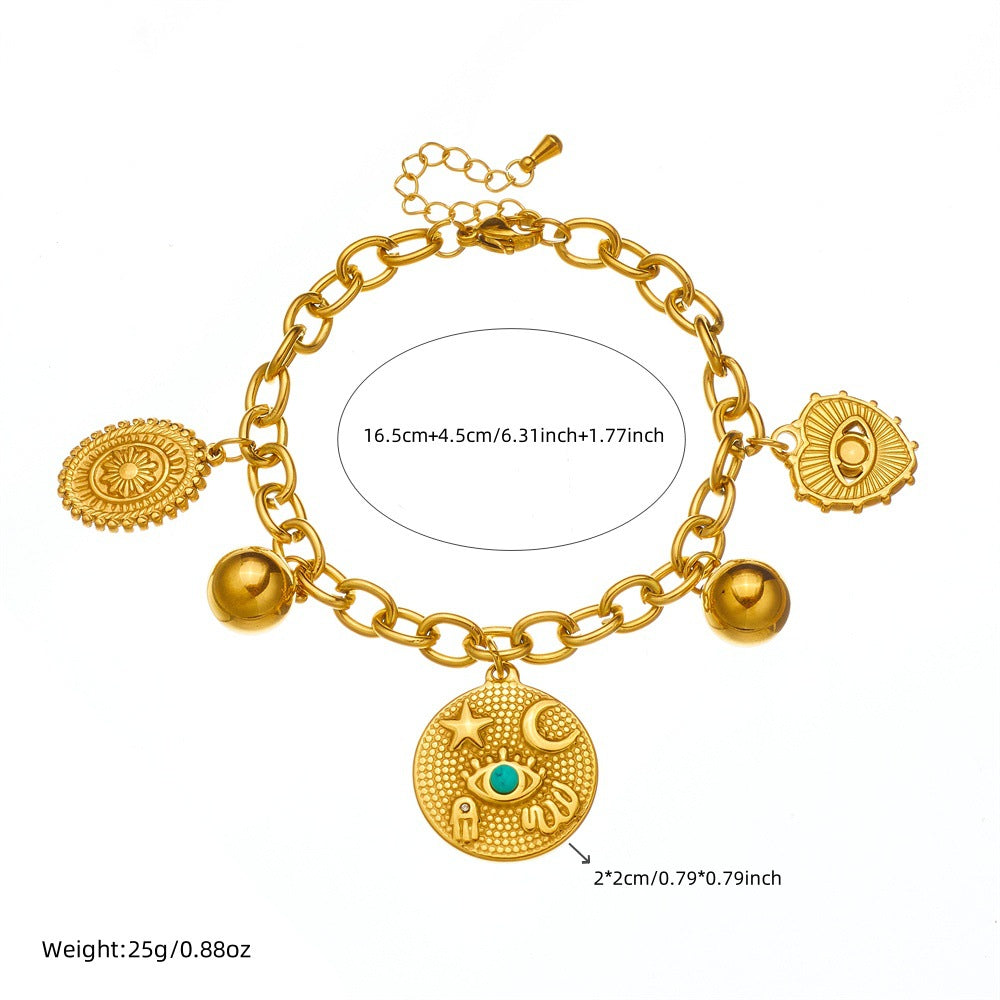 Vintage Style Heart-Shaped Turquoise-Eye Star Moon Oval Pendant Stainless Steel Bracelet with Plating Finish