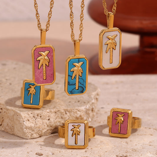 Fashionable Geometric Stainless Steel Plated 18K Gold Pendant Necklace with Mother-of-Pearl and Coconut Tree Design for Women