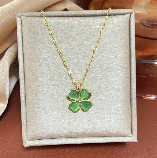 Original Design 18K Gold Plated Titanium Steel Four Leaf Clover Necklace with Emerald Inlay O-Chain Unisex