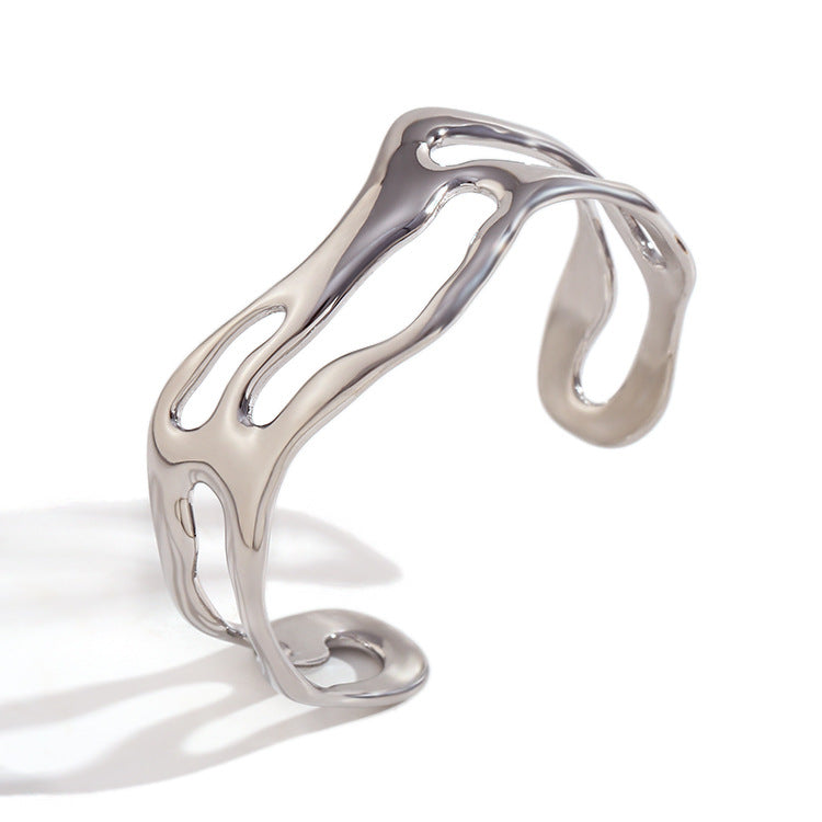 Minimalist Wave Hollow Stainless Steel Bracelet for Women with 18K Gold Plating