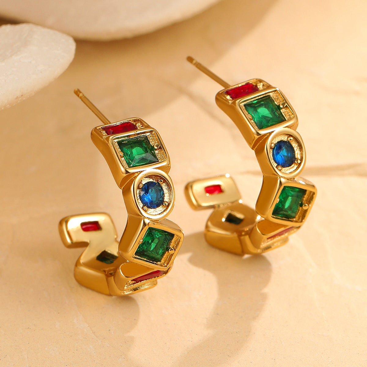 Vintage French-Style Geometric Stainless Steel Earrings with 18K Gold Plating and Colored Zircon Accents