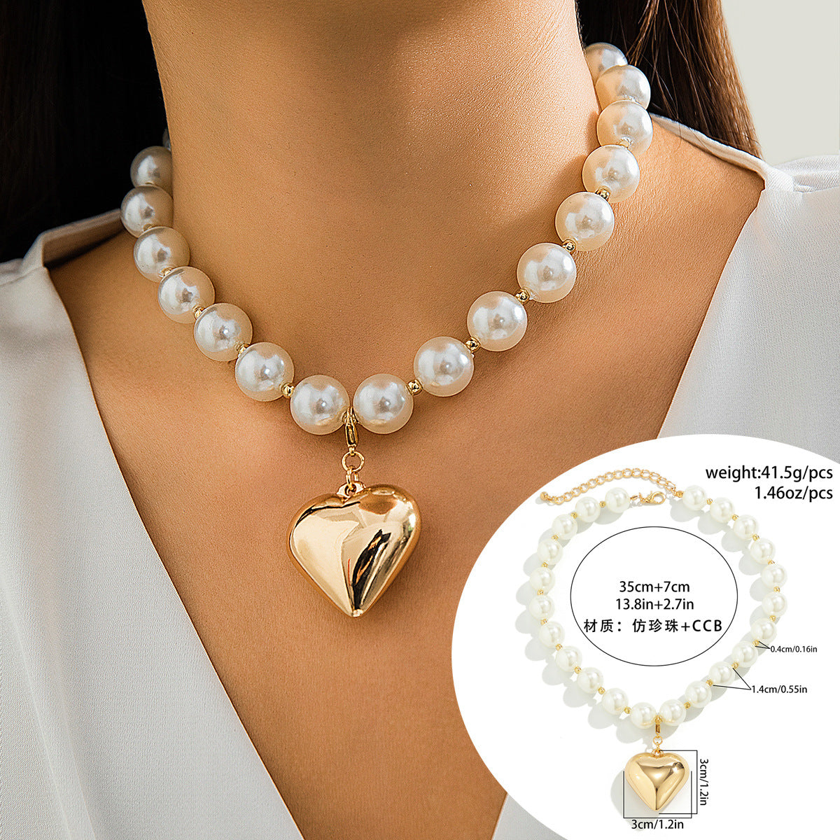 Cyberpunk Style Heart-Shaped Geometric Pendant Necklace with Imitation Pearl Beads Electroplated Multi-Layer Round Bead Chain for Women