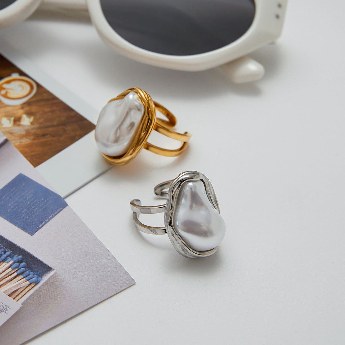 Fashion Geometric Oval Baroque Pearl Plated Titanium Steel Ring for Women