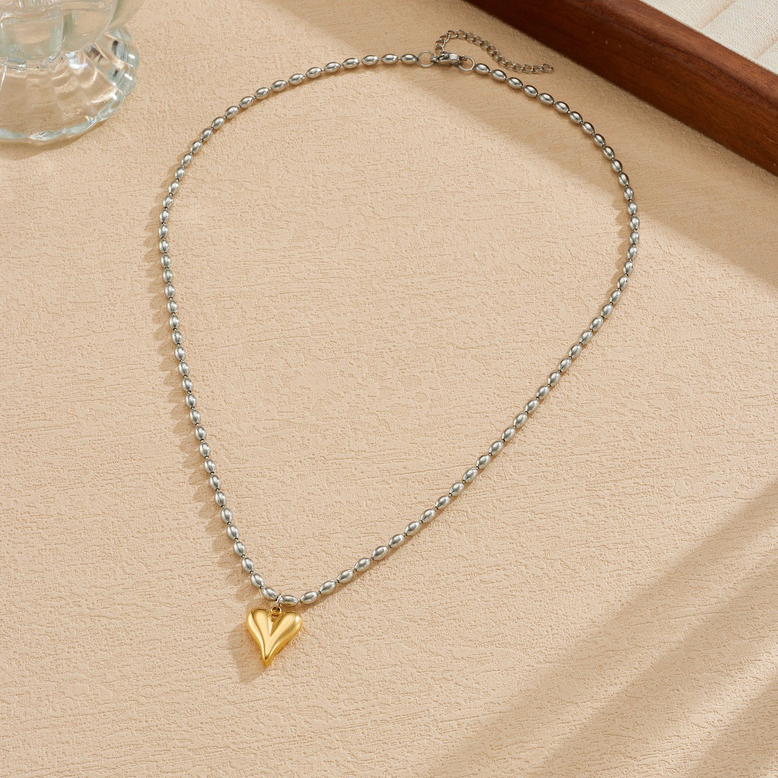 Gold Plated Stainless Steel Heart Ball Chain Necklace for Women