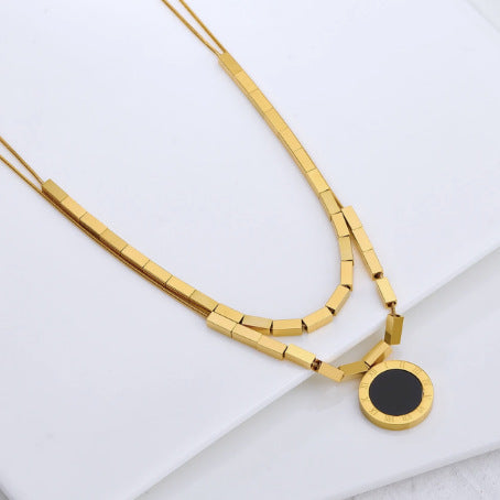 Minimalist Geometric Round Double-Sided Roman Black and White Pendant Necklace in Titanium Steel with Plated Finish on Snake Chain