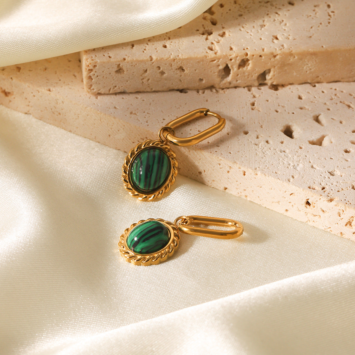 Vintage French Style Oval Stainless Steel Plated Earrings with Natural Malachite Inlay for Women