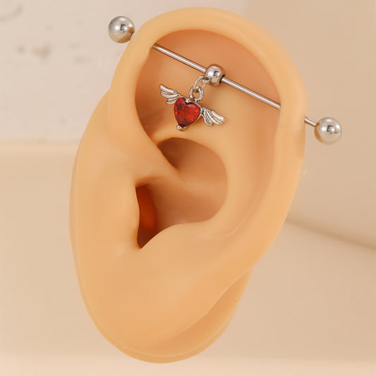 Red Heart-Shaped Hip-Hop Ear Cuff for Women Made of Copper with Zircon Inlay and Geometric Design