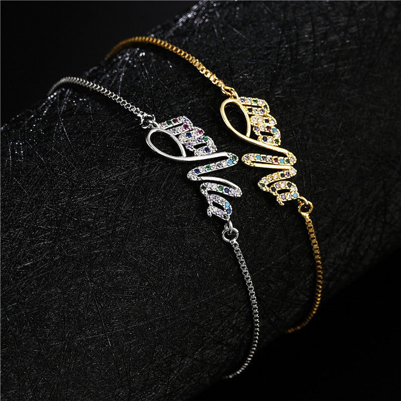 Casual Micro-Inlaid Cubic Zirconia Brass Letter Bracelet for Women