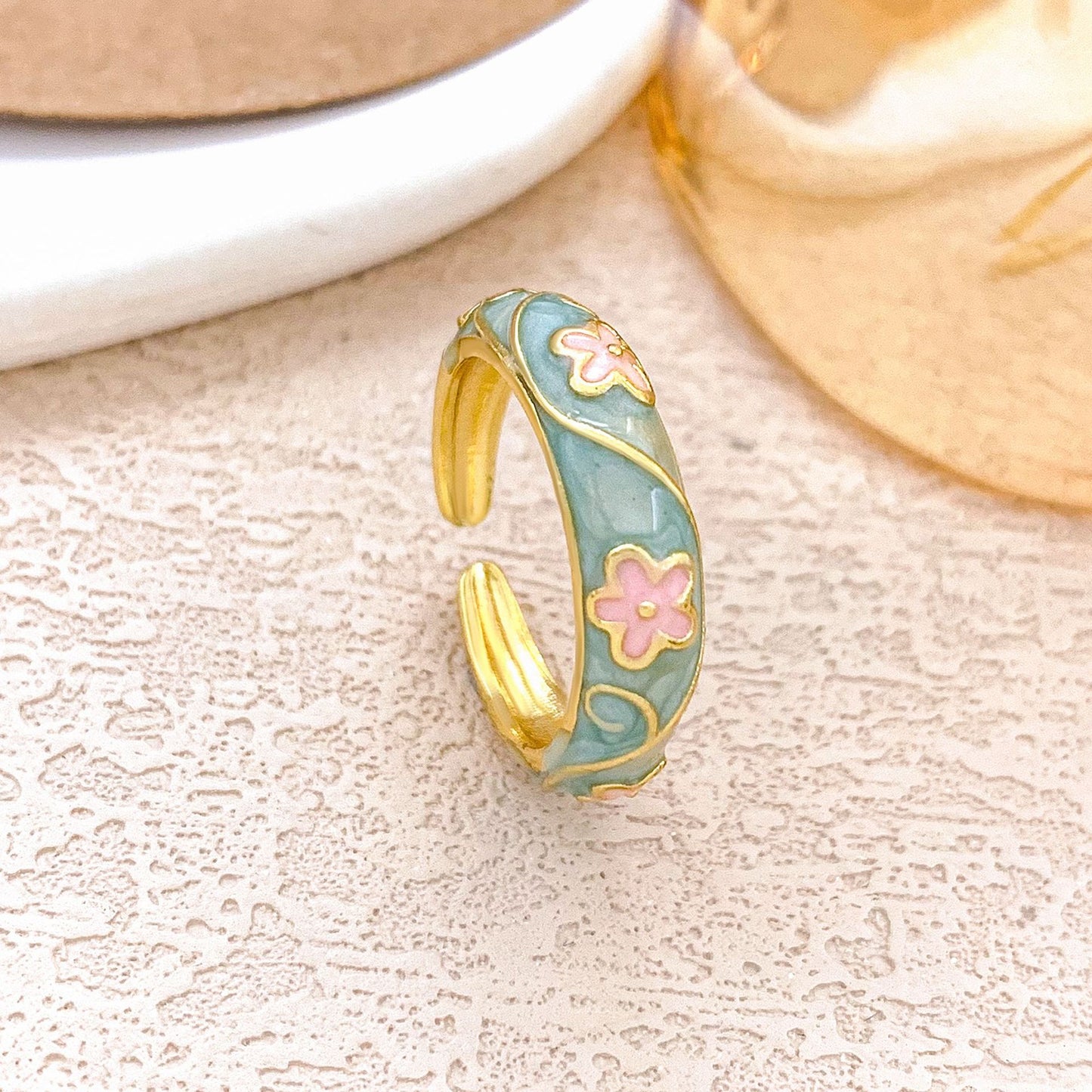 Sweet Floral Enamel Plated Alloy Ring for Women