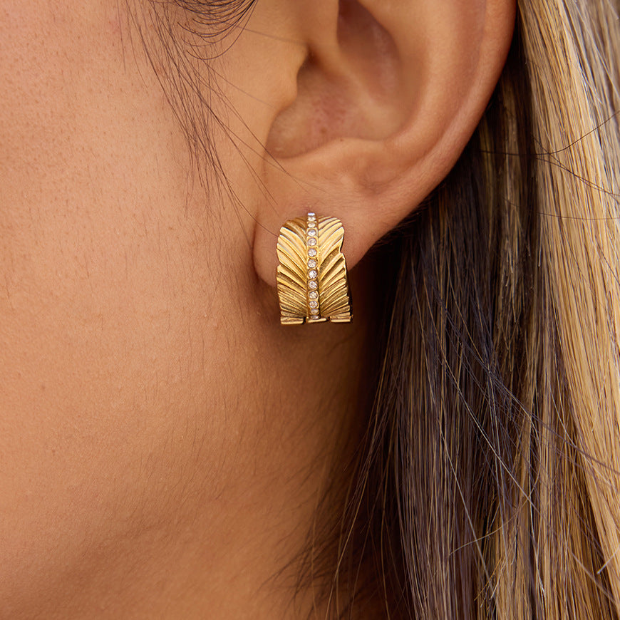 Pendientes Geométricos de Acero Inoxidable con Incrustaciones de Pedrería para Mujer, Aretes de Lujo Bañados, Diseño de Patrón de Hoja