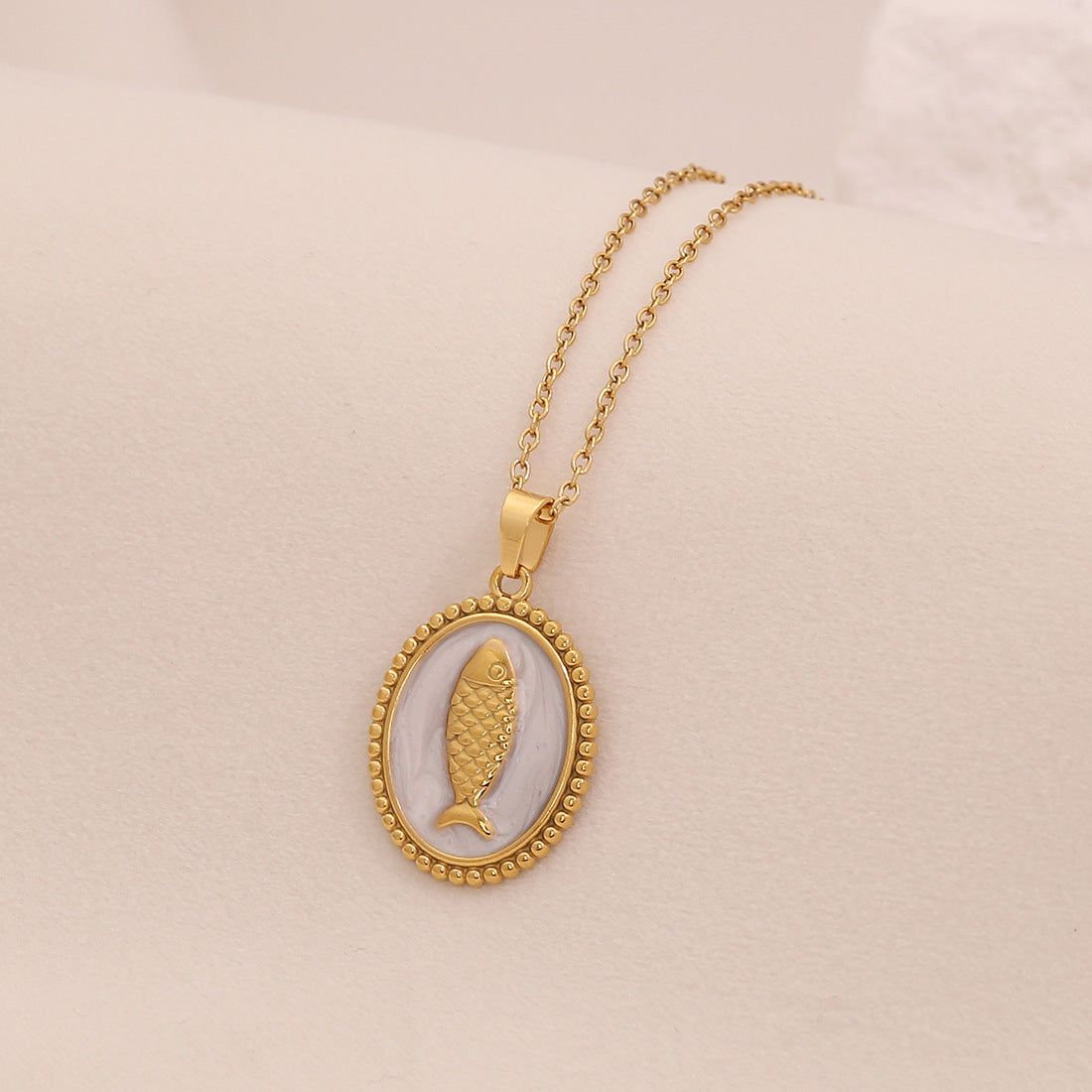 Vintage Fish-Shaped Enamel Stainless Steel Pendant Necklace with O-Chain for Women