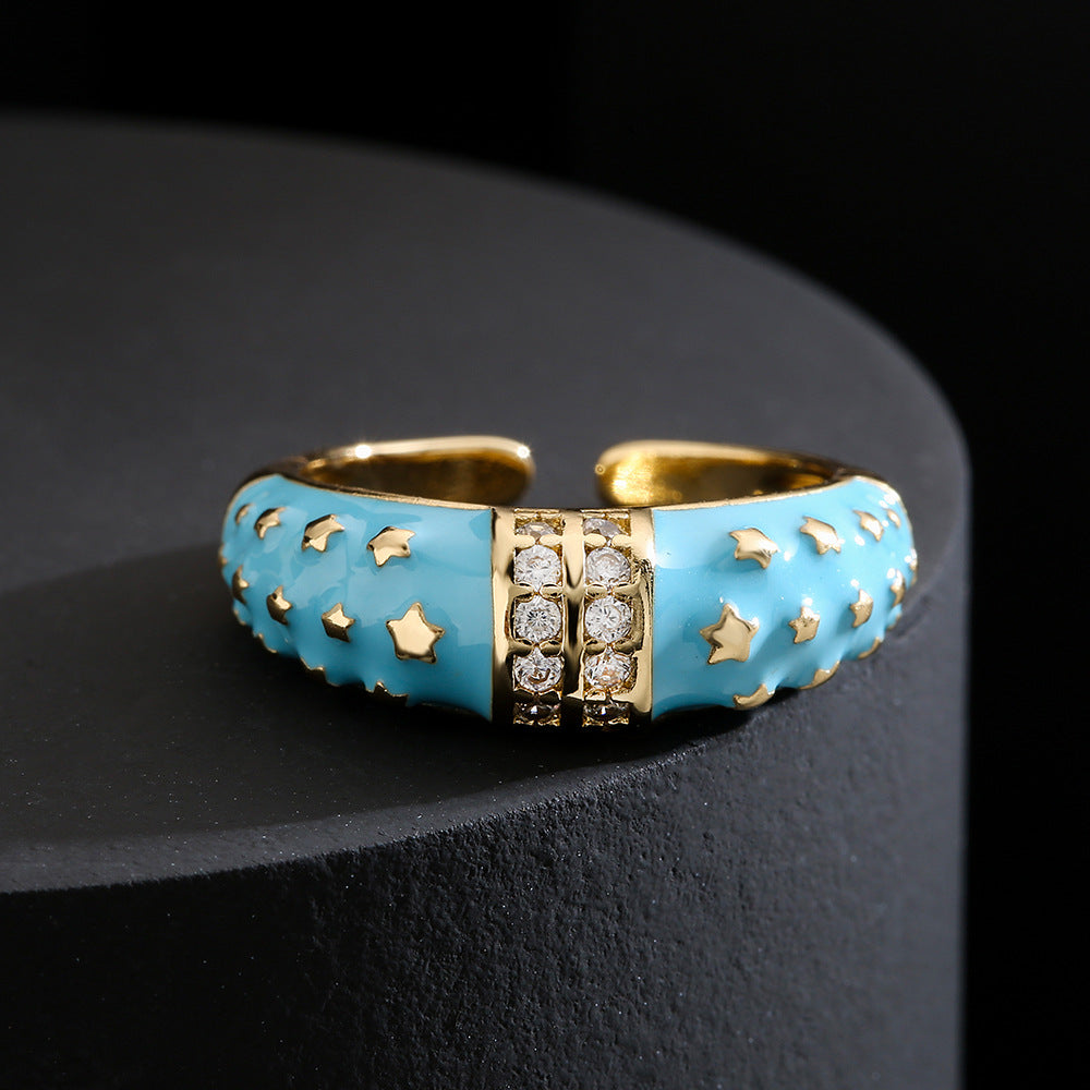 Anello Aperto Geometrico Stile Bohemien in Rame con Placcatura in Oro 18K e Zirconia Smaltata Colorata
