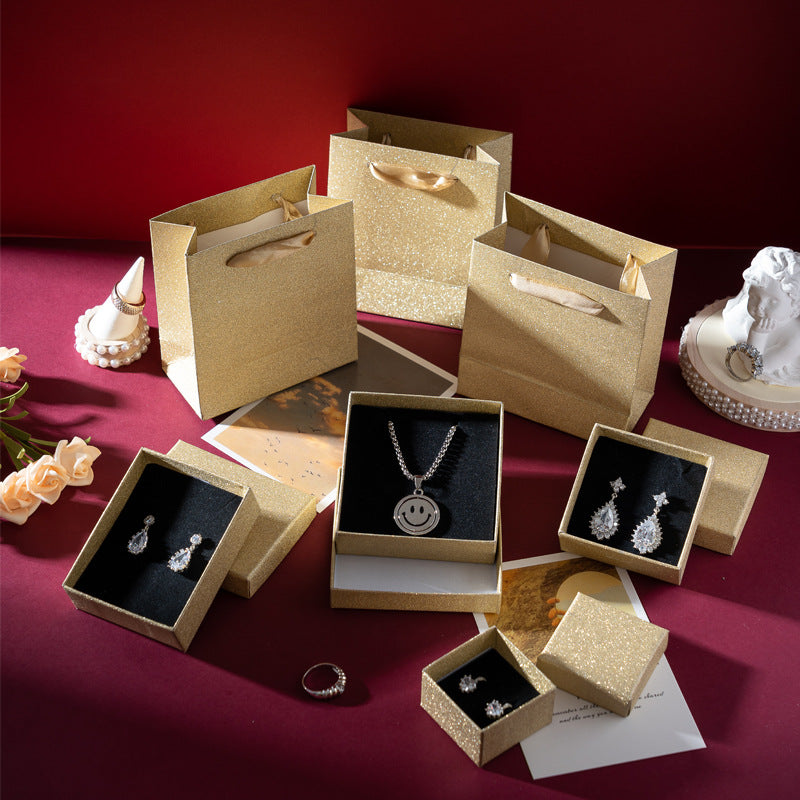 Gold Foil Jewelry Box with Hinged Lid for Rings Earrings Necklaces Bracelets Display and Gift Packaging