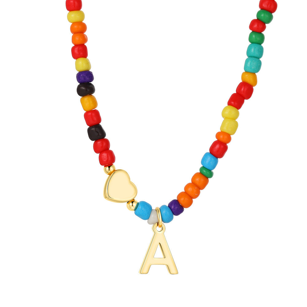 Collana Unisex Casual Placcata Oro 14K con Ciondolo a Cuore Lettera e Perline in Acciaio Inossidabile