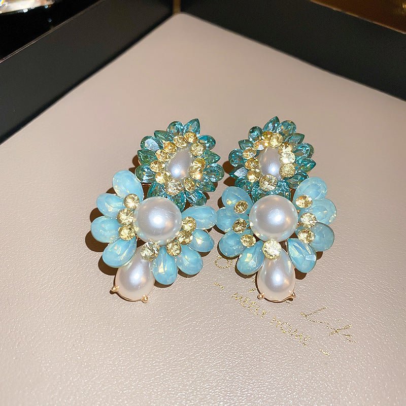 Vintage Green Rhinestone Butterfly Pearl Earrings with Stainless Steel Posts for Women
