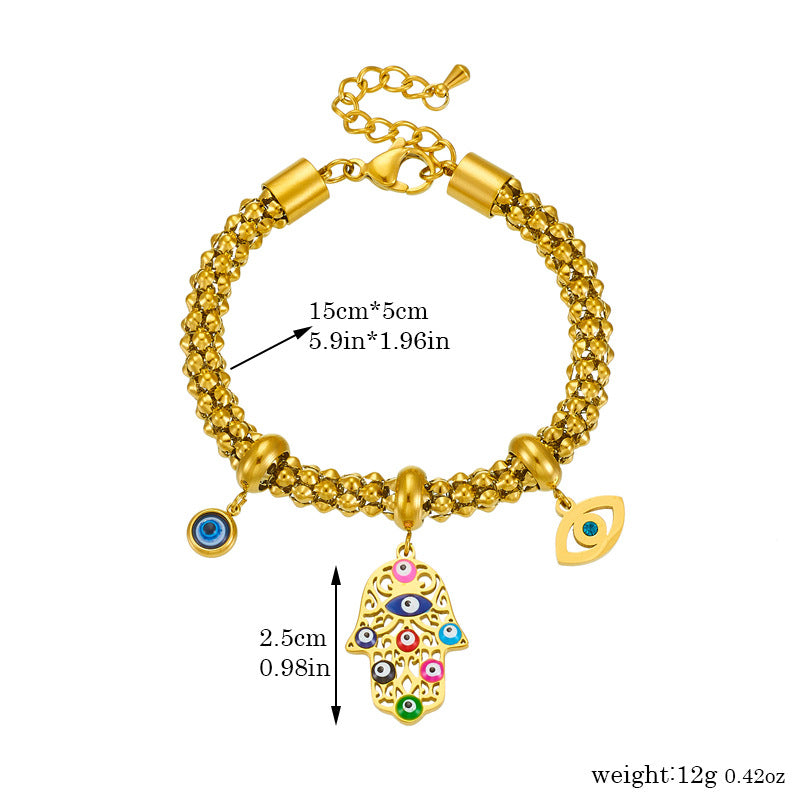 Vintage-Style Gold-Plated Stainless Steel Enamel Evil Eye Hand Charm Bracelet for Women