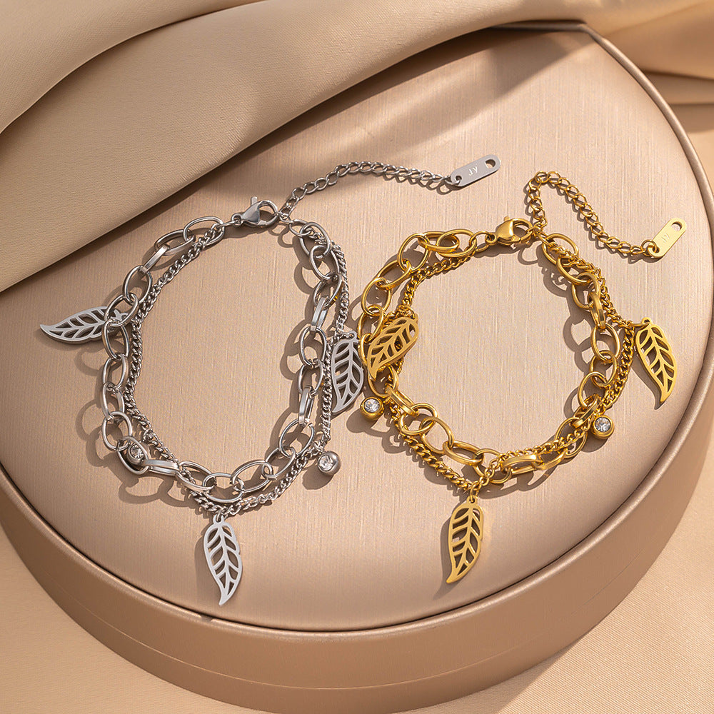 Minimalist Fashion Titanium Steel Double-Layer Leaf Pendant Necklace with Rhinestone Inlay for Women and Men