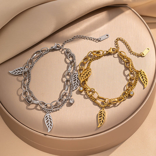 Minimalist Fashion Titanium Steel Double-Layer Leaf Pendant Necklace with Rhinestone Inlay for Women and Men